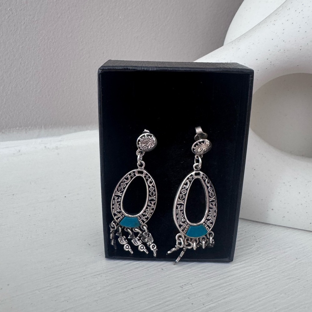 Elegant silver and blue Dangle Earrings Aztec Mexico